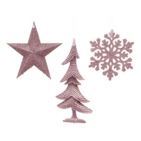 3 figuurtjes poederroos sneeuwvlok, ster en boom, 10,5cm