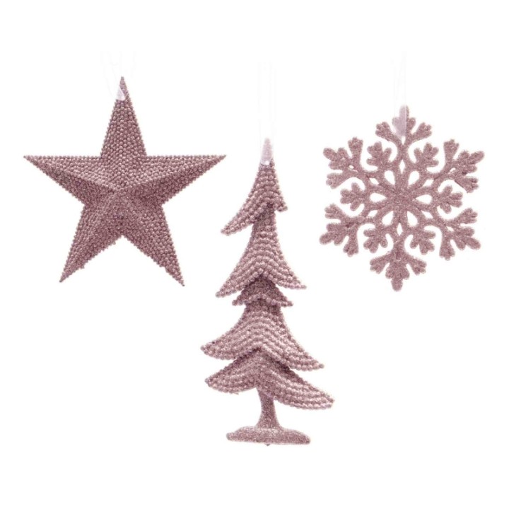 Décorations de Noël en rose, incluant étoile, sapin et flocon stylisés.