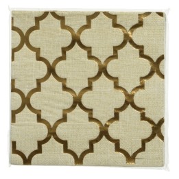 Lichtbeige stof met glanzende gouden geometrische patronen in elegante vormen.