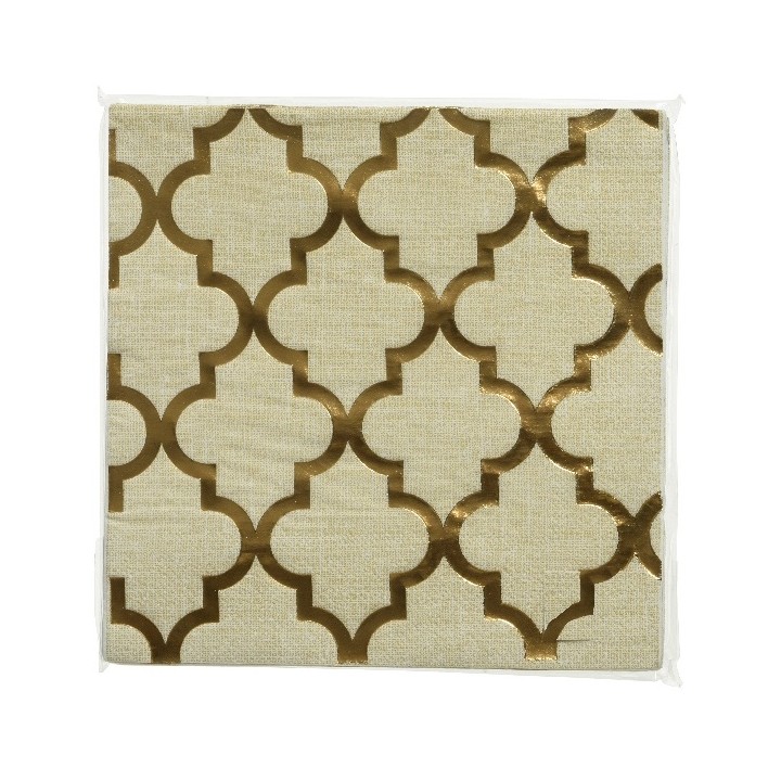 A textured cream fabric with elegant gold geometric patterns creating a sophisticated design.