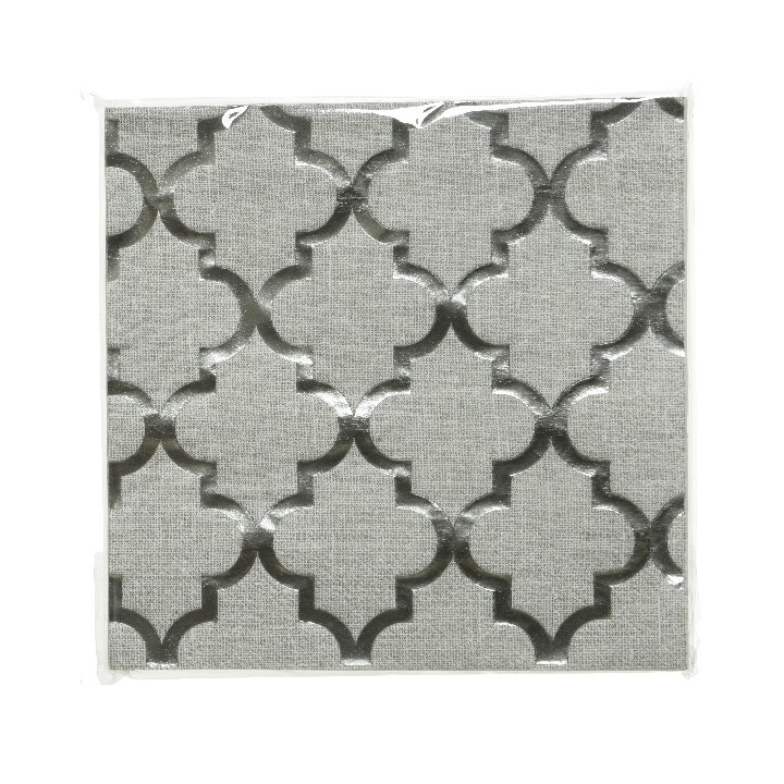 Gray textured tile with a geometric pattern of interlocking shapes in silver.