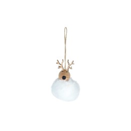 A fluffy white ornament with wooden antlers and a black nose, hanging from a twine loop.