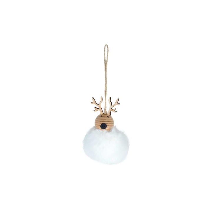 Schattige witte pompon met houten neus en gewei, hangend aan een jute touwtje.
