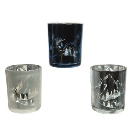 Three decorative glasses in varying shades of blue and clear, featuring etched mountain scenes.