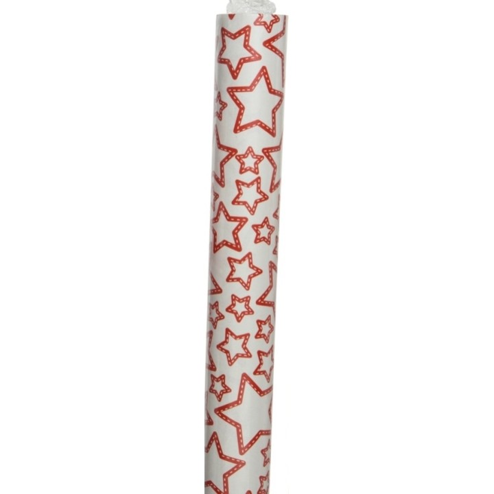 Papier cadeau blanc orné d'étoiles rouges et pailletées.