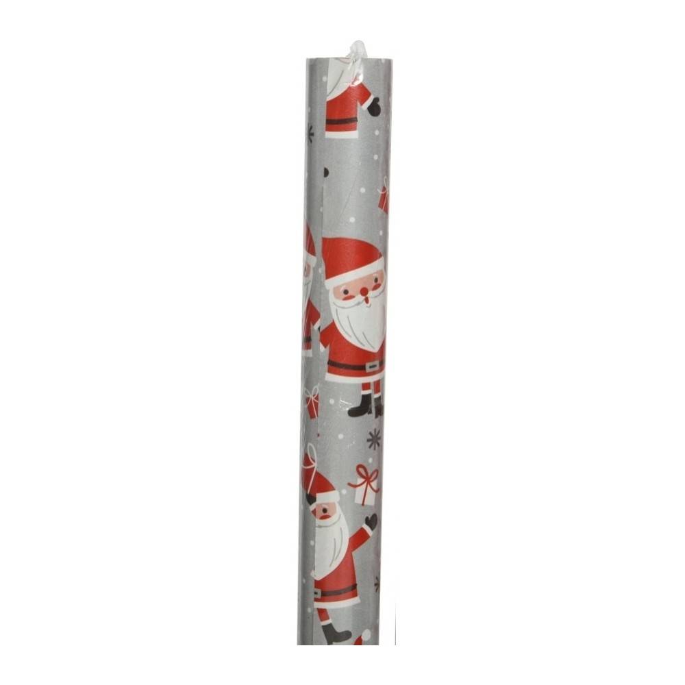 Zilveren inpakpapier met vrolijke kerstman en sneeuwvlokken in rood en zwart.