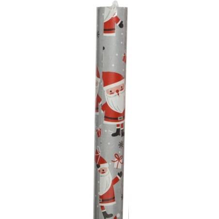 Silver wrapping paper featuring cheerful Santa Claus illustrations and festive decorations.