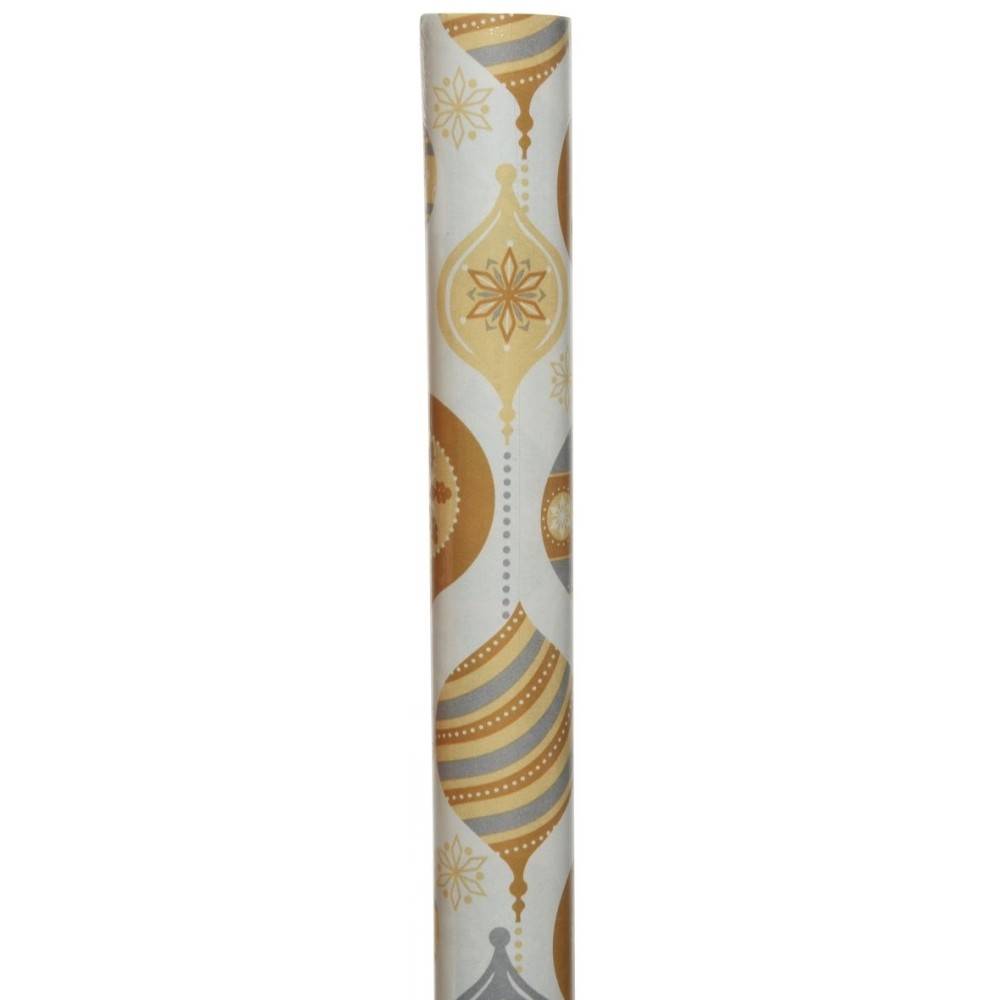 Wit cadeaupapier met goud- en zilverkleurige ornamenten en een elegant, feestelijk patroon.