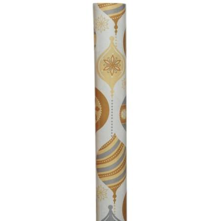 Wit cadeaupapier met goud- en zilverkleurige ornamenten en een elegant, feestelijk patroon. Wit cadeaupapier met goud- en zilverkleurige ornamenten en een elegant, feestelijk patroon.