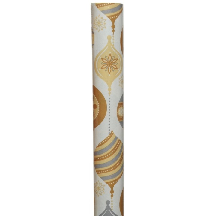 Elegant wrapping paper featuring gold and silver ornament designs on a light background.
