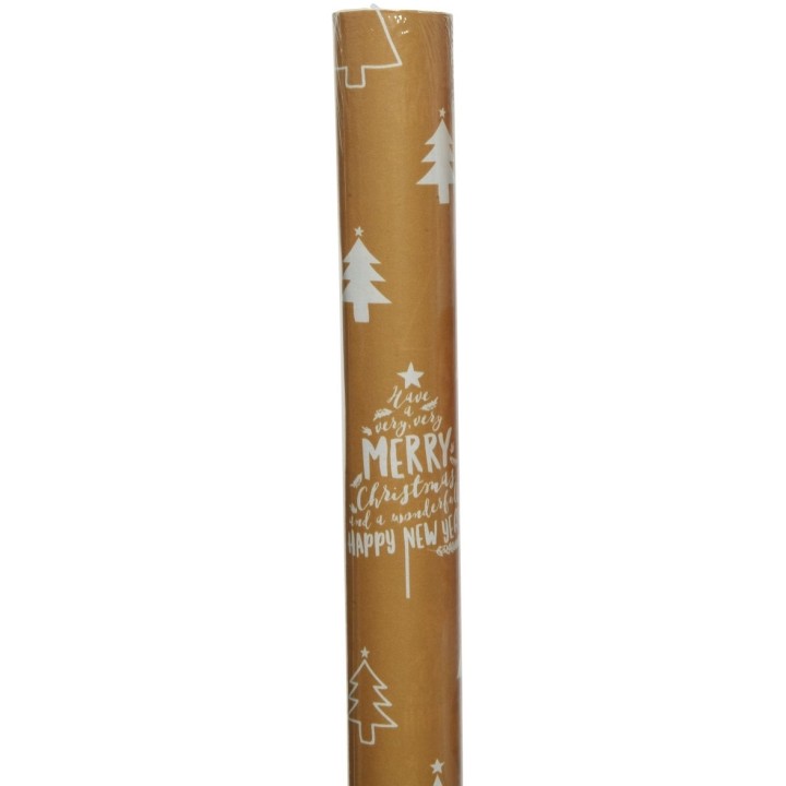 Brown wrapping paper with white Christmas trees and festive text.