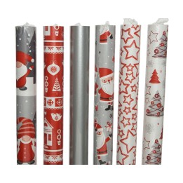 Kerstinpakpapier in rood, wit en grijs met diverse feestelijke patronen en afbeeldingen.