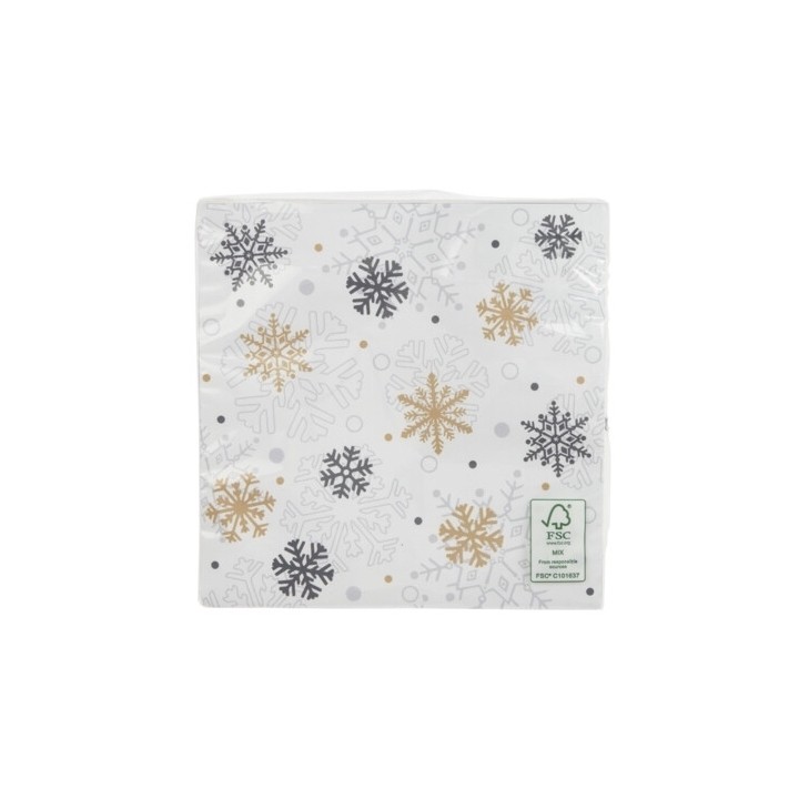 Serviettes blanches ornées de flocons dorés, argentés et gris, motifs festifs élégants.