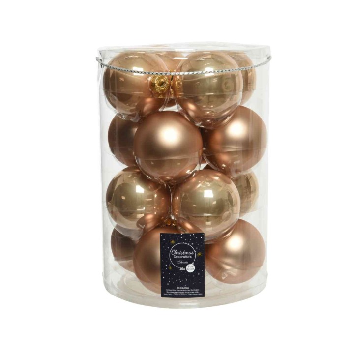 Boules de Noël dorées et cuivrées, élégamment disposées dans un emballage transparent.