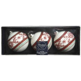 Three elegant Christmas ornaments in white, red, and green, featuring festive patterns and designs.