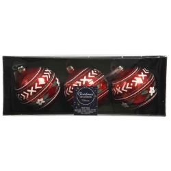 3 Red glitter glass baubles with patterns 8cm