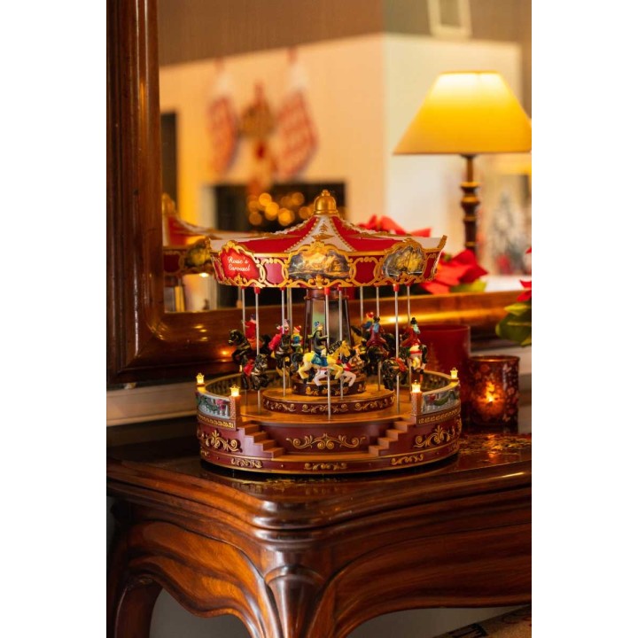 A colorful carousel with intricate details, surrounded by warm, inviting decor.