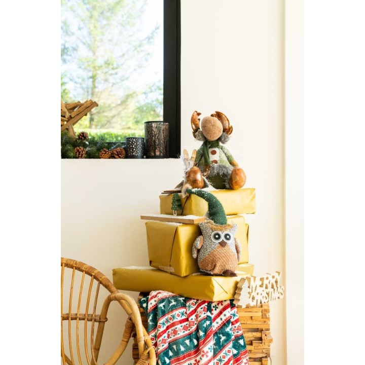 A cozy holiday scene with wrapped gifts, festive plush toys, and a warm, inviting atmosphere.