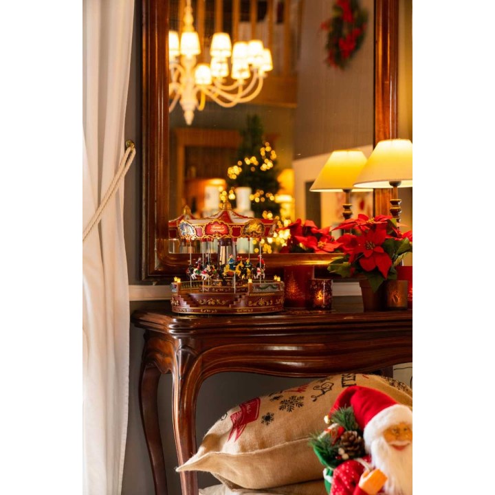 A festive scene with a vintage carousel, warm lights, and holiday decorations.