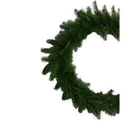 Couronne de sapin artificiel aux branches vert foncé, évoquant la saison festive.