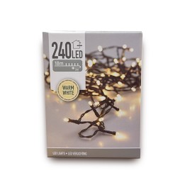 A box of warm white LED string lights with 240 bulbs on a dark wire.