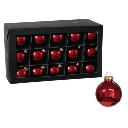 A box containing 16 shiny red Christmas ornaments, with one ornament displayed beside it.