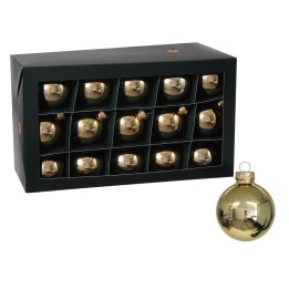 Een zwarte doos met vijftien gouden kerstballen, glanzend en rond, met een elegante uitstraling.