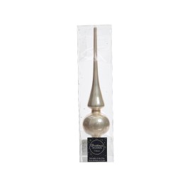 Een zilverkleurige kerstboomtopper in de vorm van een spitse piek met een bolle basis.
