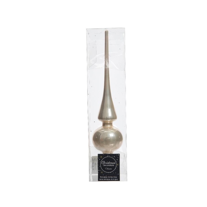 A sleek silver tree topper with a pointed tip and rounded base, elegantly packaged.