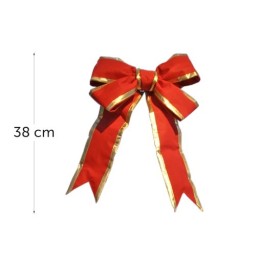 Grand nœud en satin rouge avec des bords dorés, élégant et festif.