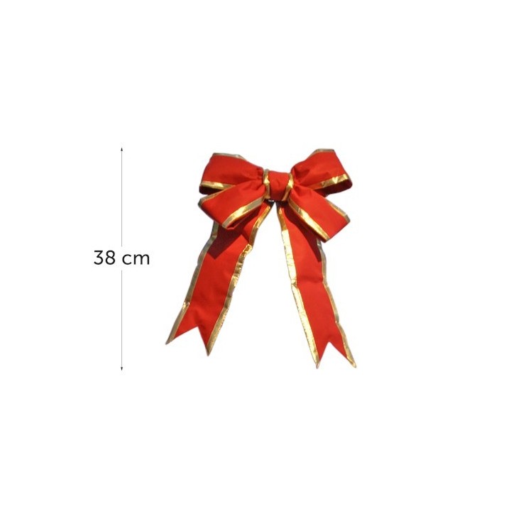 Grand nœud en satin rouge avec des bords dorés, élégant et festif.