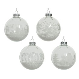Four clear glass ornaments with intricate white winter scenes and silver tops.