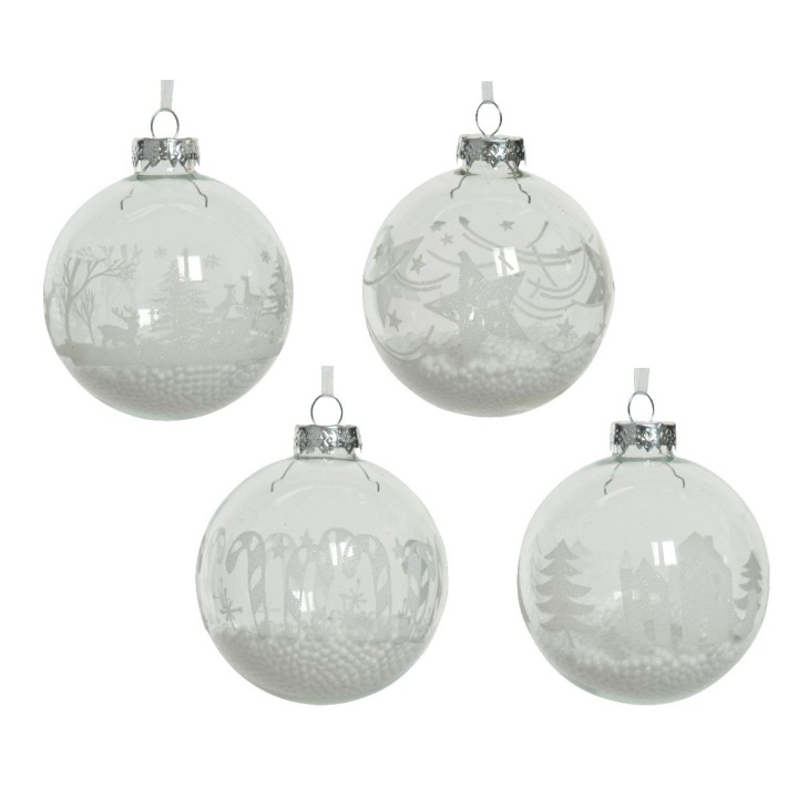 Four clear glass ornaments with intricate white winter scenes and silver tops.