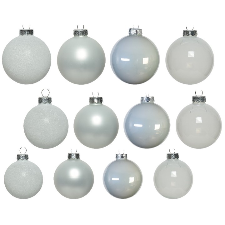 A collection of twelve white Christmas ornaments in various finishes and textures.