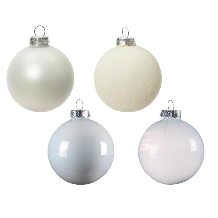 Four decorative ornaments in soft white and light gray hues, varying in texture and shine.