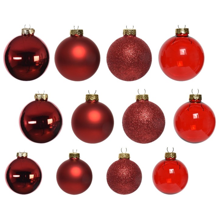 A collection of red Christmas ornaments in various finishes and sizes, including matte and glitter.