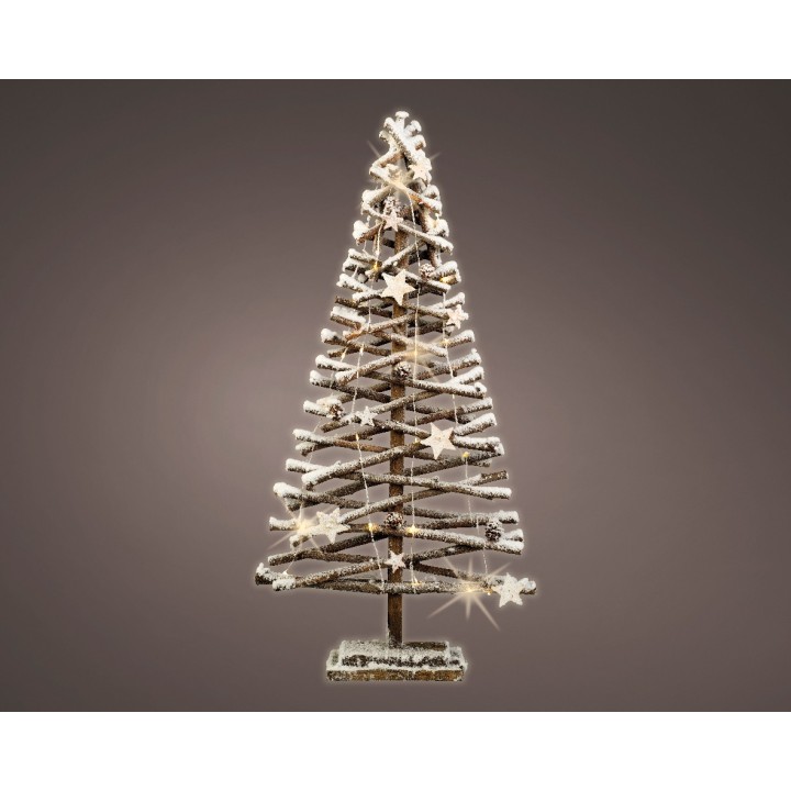 Een gestileerde kerstboom van hout met sprankelende sterren en een warme gloed.