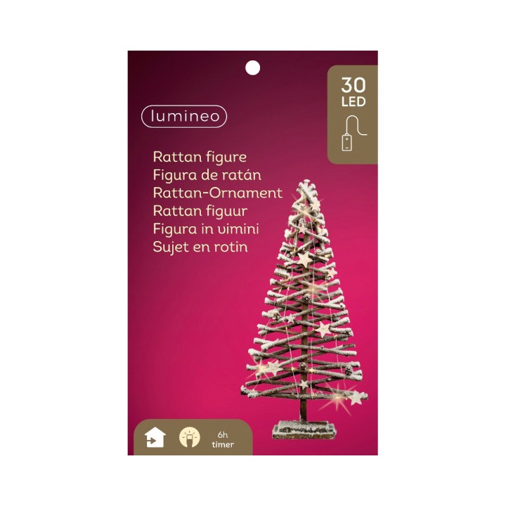 A decorative rattan Christmas tree with LED lights, set against a simple background.