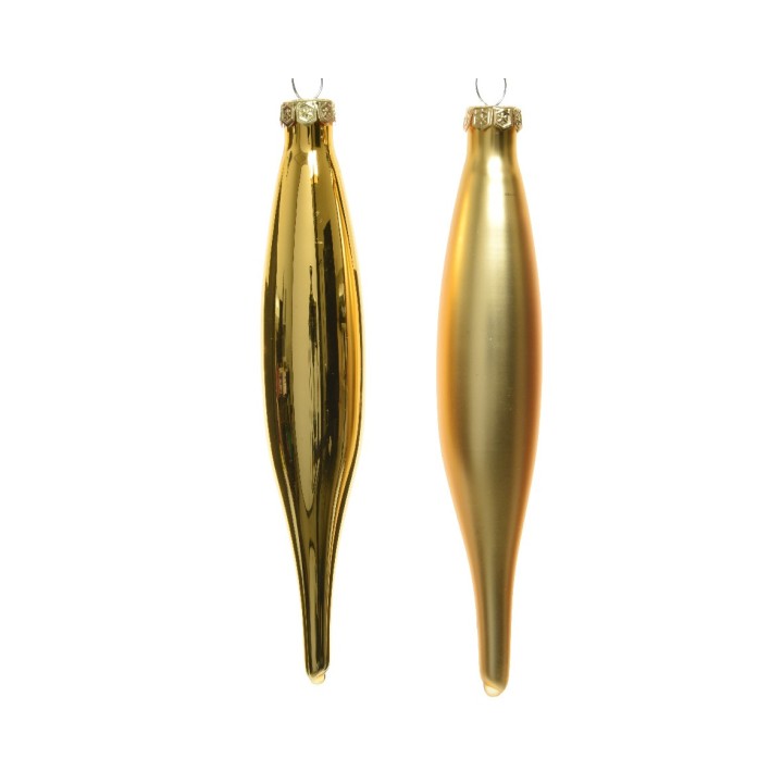Twee glanzende, gouden kerstornamenten met een elegante, langwerpige vorm.