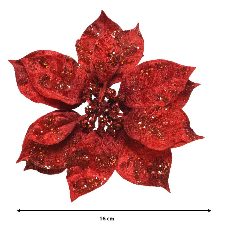 A vibrant red poinsettia flower with glittery petals, measuring 16 cm across.