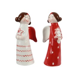 Deux anges en céramique, l'un rouge à pois, l'autre blanc rayé, aux sourires joyeux.