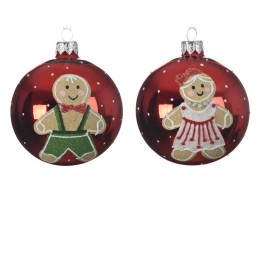Two red Christmas ornaments featuring gingerbread figures with festive details.