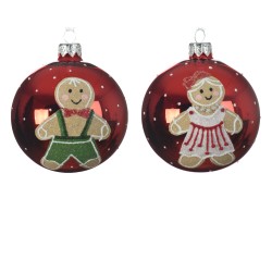 Boules de Noël rouges décorées de bonhommes en pain d'épices scintillants.