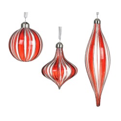 Three elegant glass ornaments in red and white stripes, featuring varied shapes and smooth finishes.