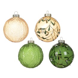 Four decorative glass ornaments in soft earth tones, featuring leaf patterns and textures.