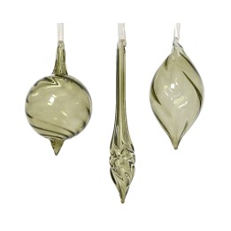 Three delicate glass ornaments in muted green hues, featuring varied shapes and swirling designs.