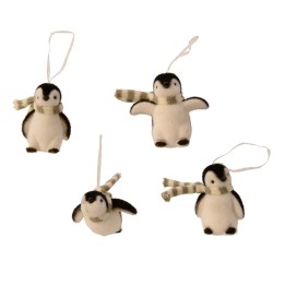Four cute, plush penguin ornaments wearing striped scarves, in white and black, with hanging loops.