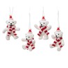 Quatre oursons blancs en peluche, portant des écharpes rayées rouge et blanc, avec des bonnets.