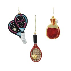 Three colorful tennis-themed ornaments: rackets and a tennis ball, shiny and playful.