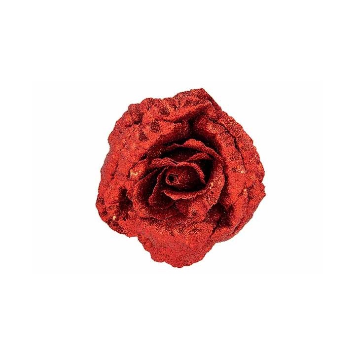 A vibrant red rose covered in shimmering glitter, showcasing intricate petal details.